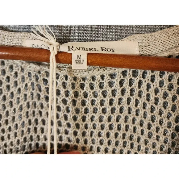 New Rachel Roy Ivory Linen Tie Waist Oversized V-Neck Knit Poncho Top Size M - Picture 3 of 7